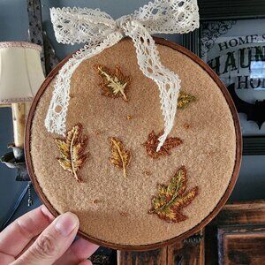 Embroidered Hoop Art, Autumn Leaves on Felt, 6" Stained Brown Wooden Frame,
